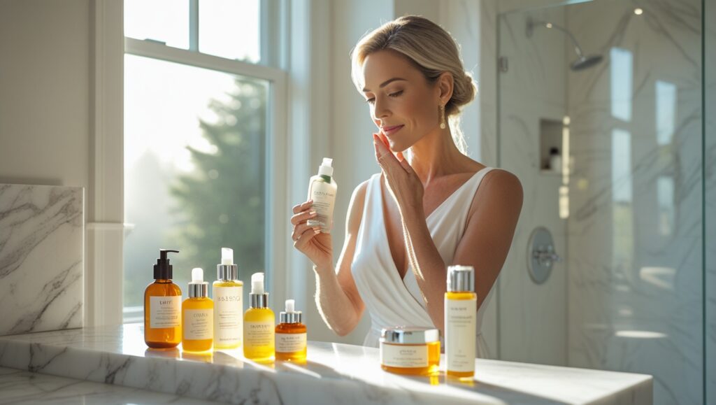 elegant woman applying skincare products