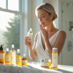 elegant woman applying skincare products