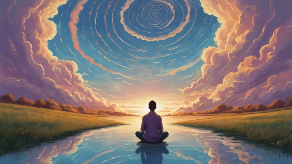 person sitting peacefully with swirling thoughts
