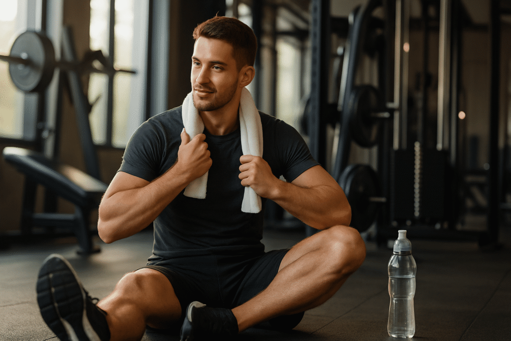 Athletic-person-in-gym-setting-doing-post-workout-stretching