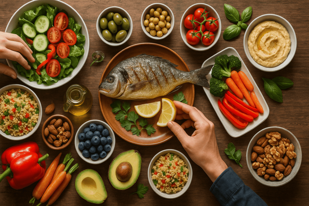 Mediterranean-diet-spread-on-a-rustic-wooden-table
