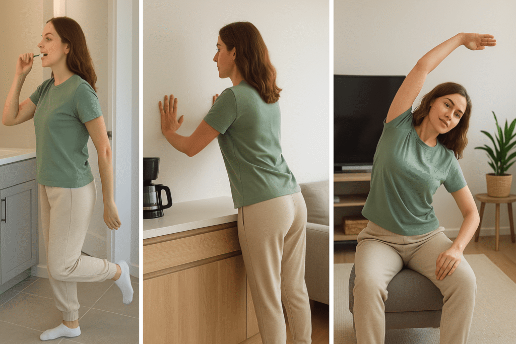 Split screen or collage showing person doing simple exercises during daily activities