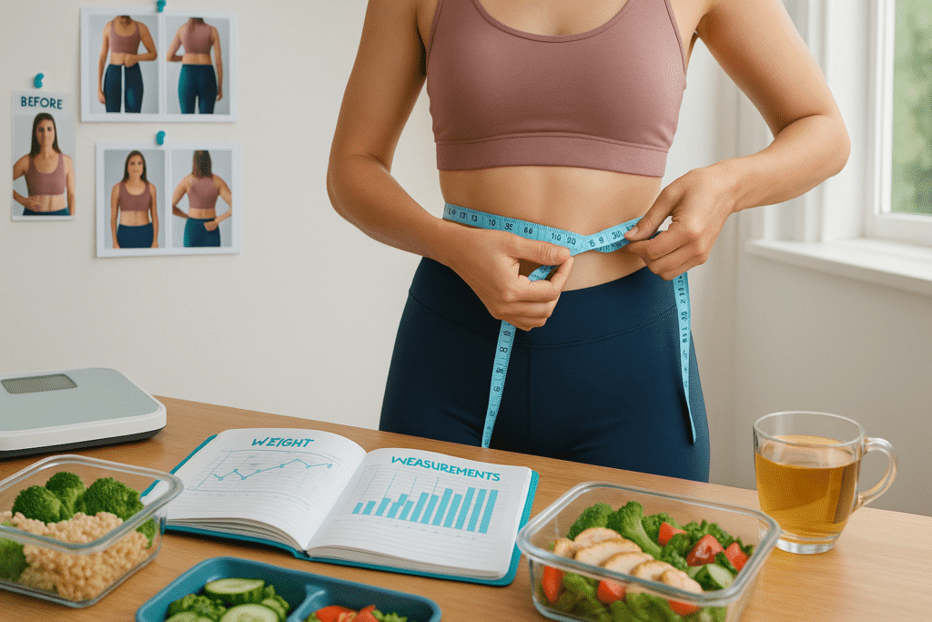 a-woman-taking-measurements-with-a-measuring-tape-surrounded-by-progress-photos
