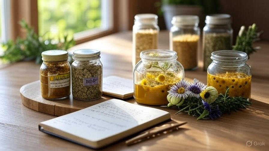 close-up-of-a-wooden-table-with-jars-of-ashwagandha-lavender-chamomile-tea