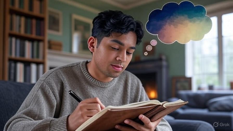 person-writing-in-a-journal-with-a-thought-bubble-showing-a-shift-from-negative-to-positive-thoughts