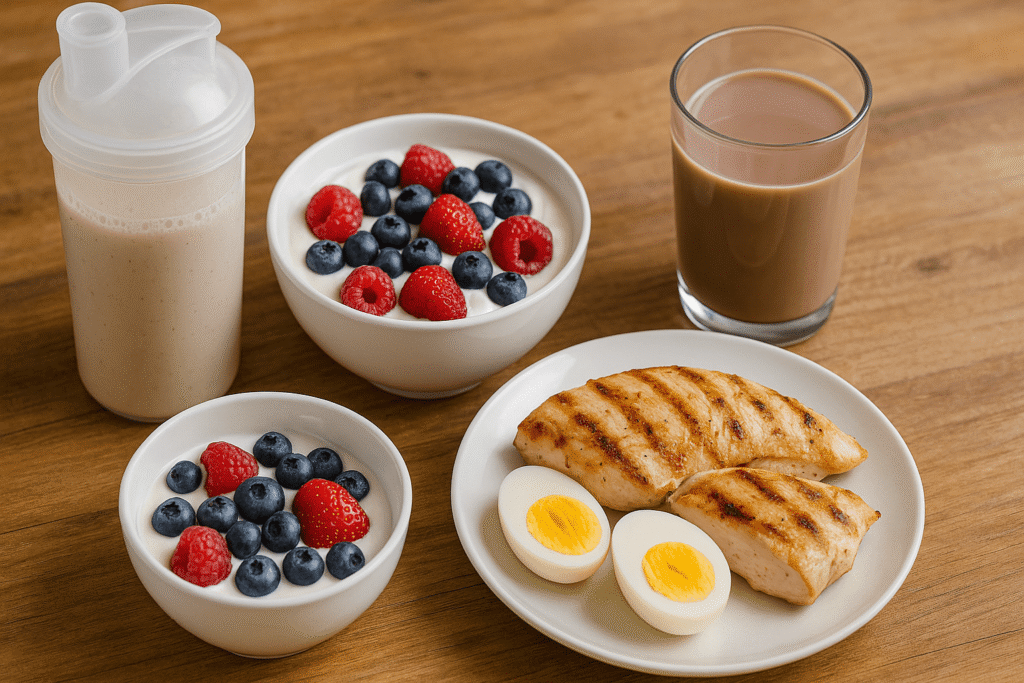 post-workout-meal-spread-on-wooden-table