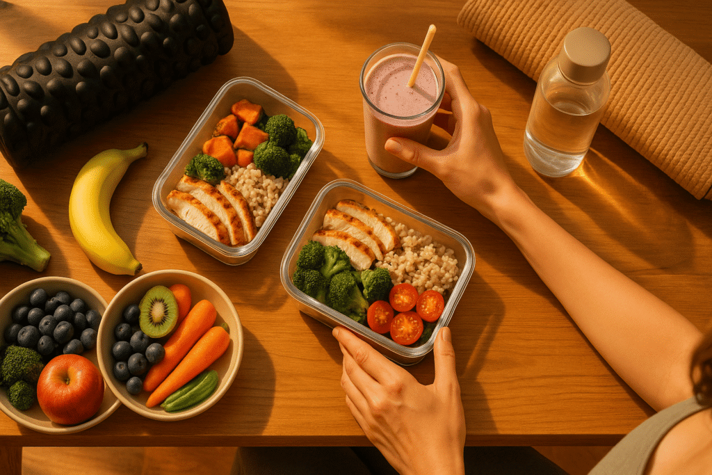 post-workout-nutrition-a-wooden-table-with-healthy-meal-prep