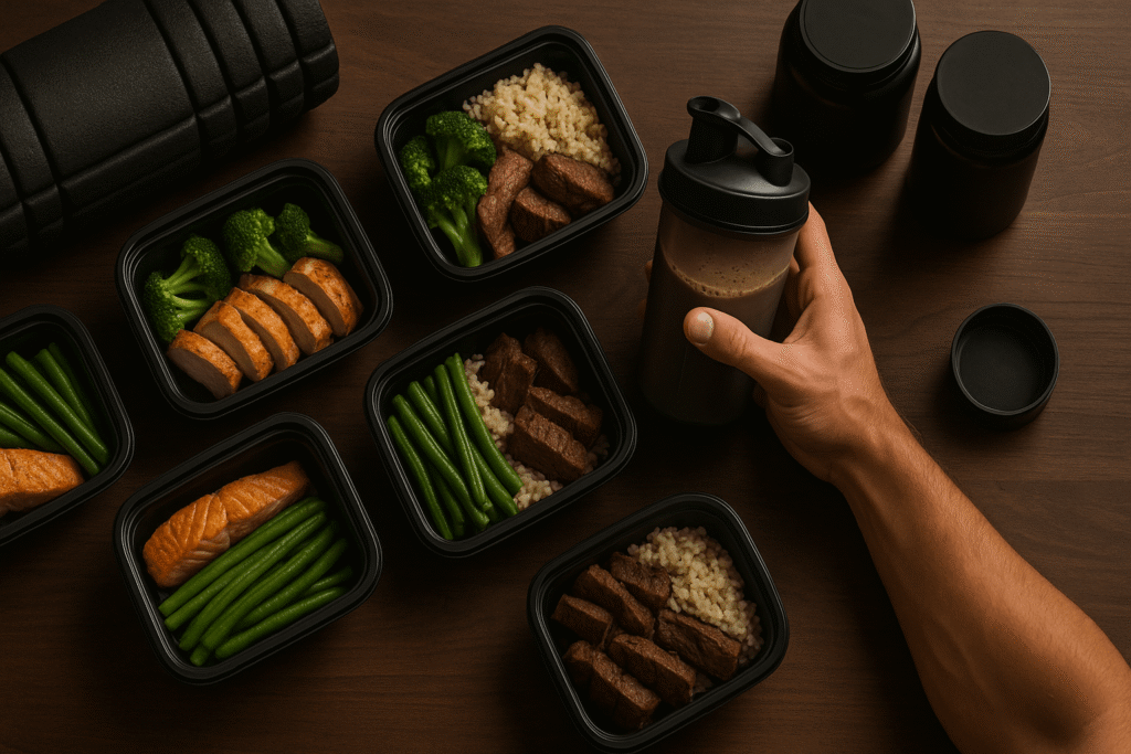 post-workout-nutrition-dark-wooden-table-with-protein-shake-healthy-meal-prep-containers