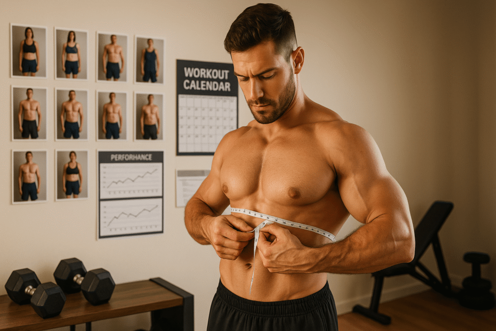 tracking-scene-showing-a-muscular-man-taking-measurements-with-a-measuring-tape-around-his-chest